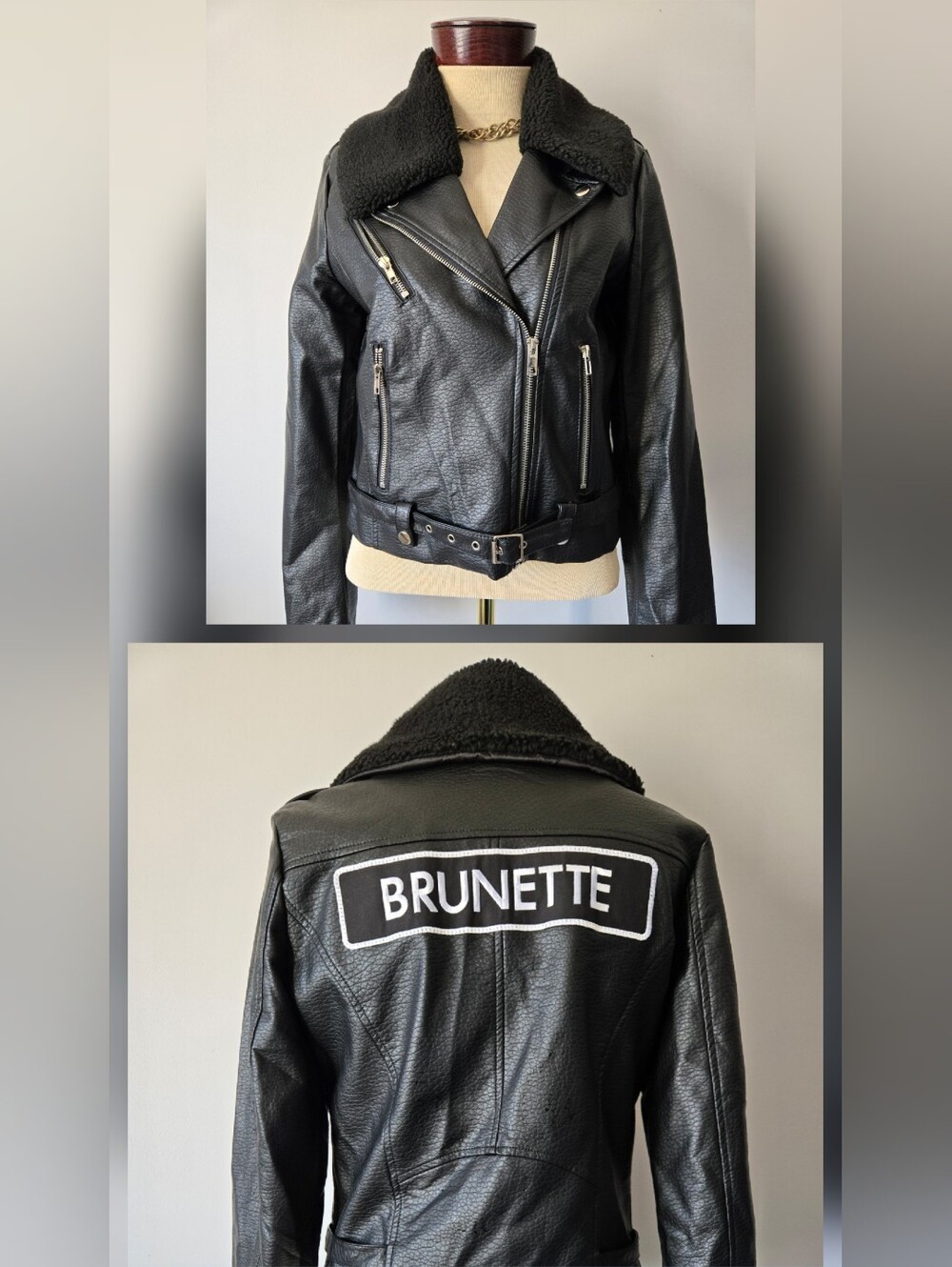 Brunette The Label Black Faux Leather Faux Shearling Collar Moto Jacket.Size S/M